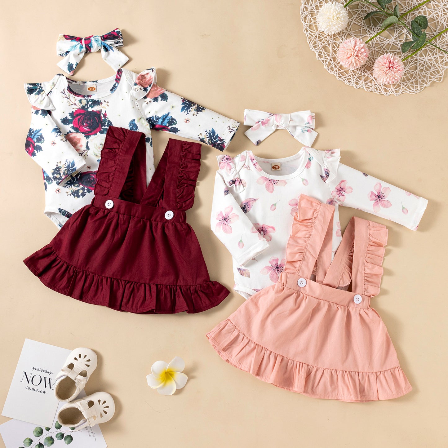 Printed Long-sleeved Baby Girl Romper Two-color Strap Ruffled Dress Headdress Three Pieces